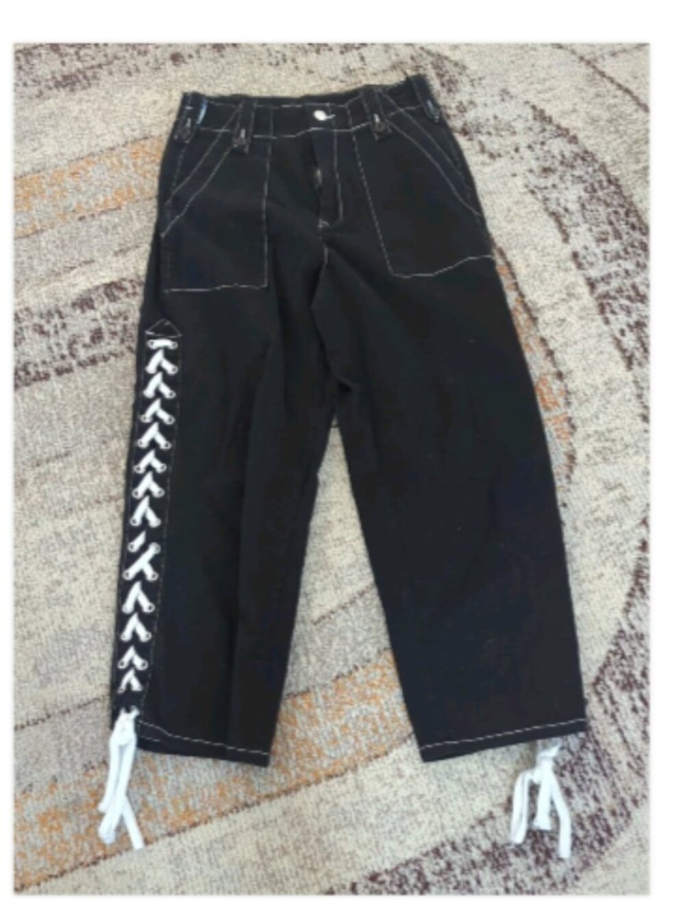 Delia*s Dolls Kill Black Twill Wide Leg Crop Pants White Lace Up Goth Size M Y2K